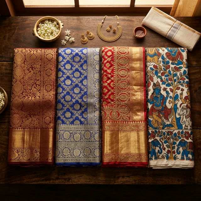 Premium Kanchipuram Banarasi Bridal Kalamkari silk saree varieties at Sri Ishwaryam Collections Thiruninravur Chennai